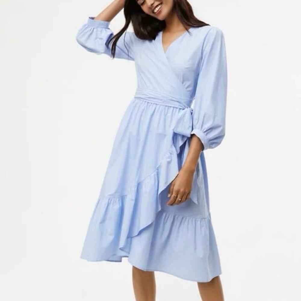 Womens Ann Taylor Loft Striped Ruffle Wrap Shirtdress Blue Cotton Size 6 EUC!